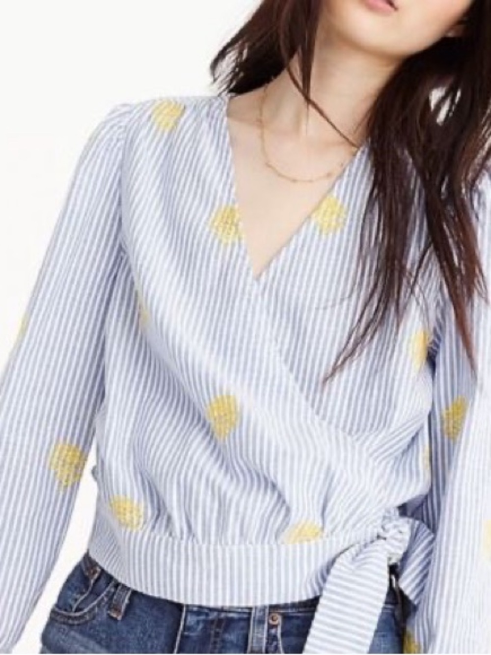 NWT J.Crew Embroidered Pineapple Stripe Wrap Top XL 100% Cotton